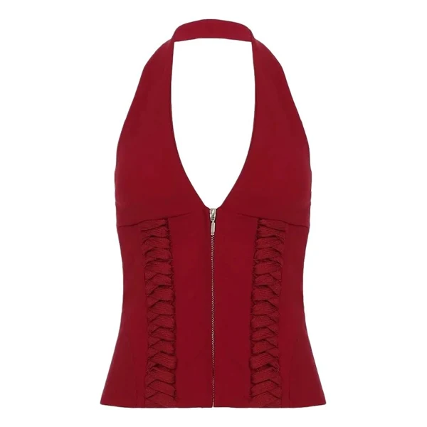 A halter-neck deep-collared vest