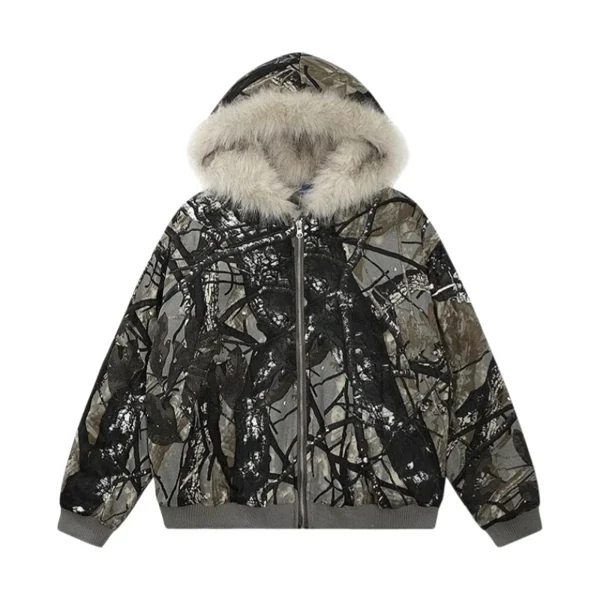 Tree Patern Fur Zip up Hoodie